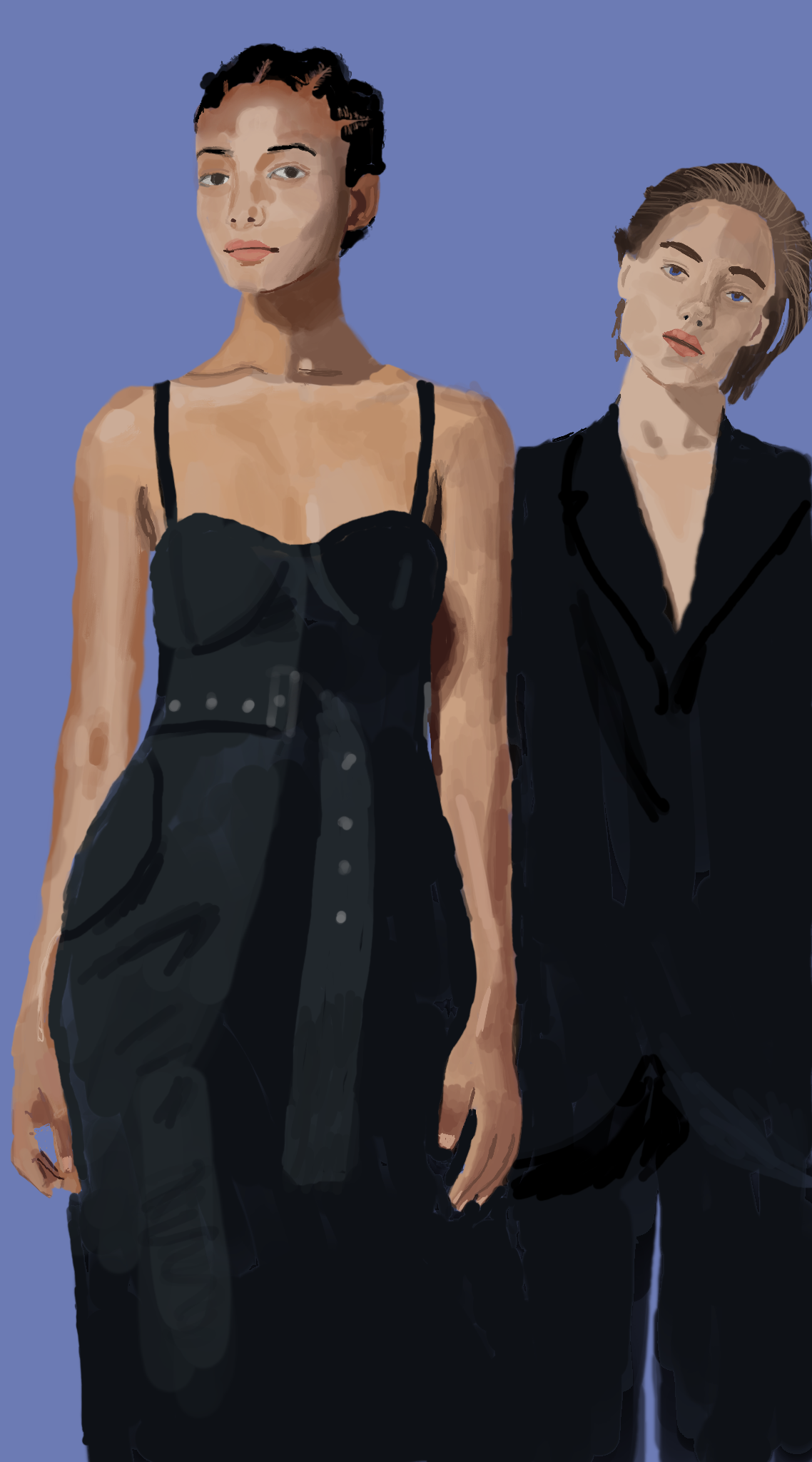 Two models: the left woman is wearing a dress and the right woman is wearing a pantsuit.