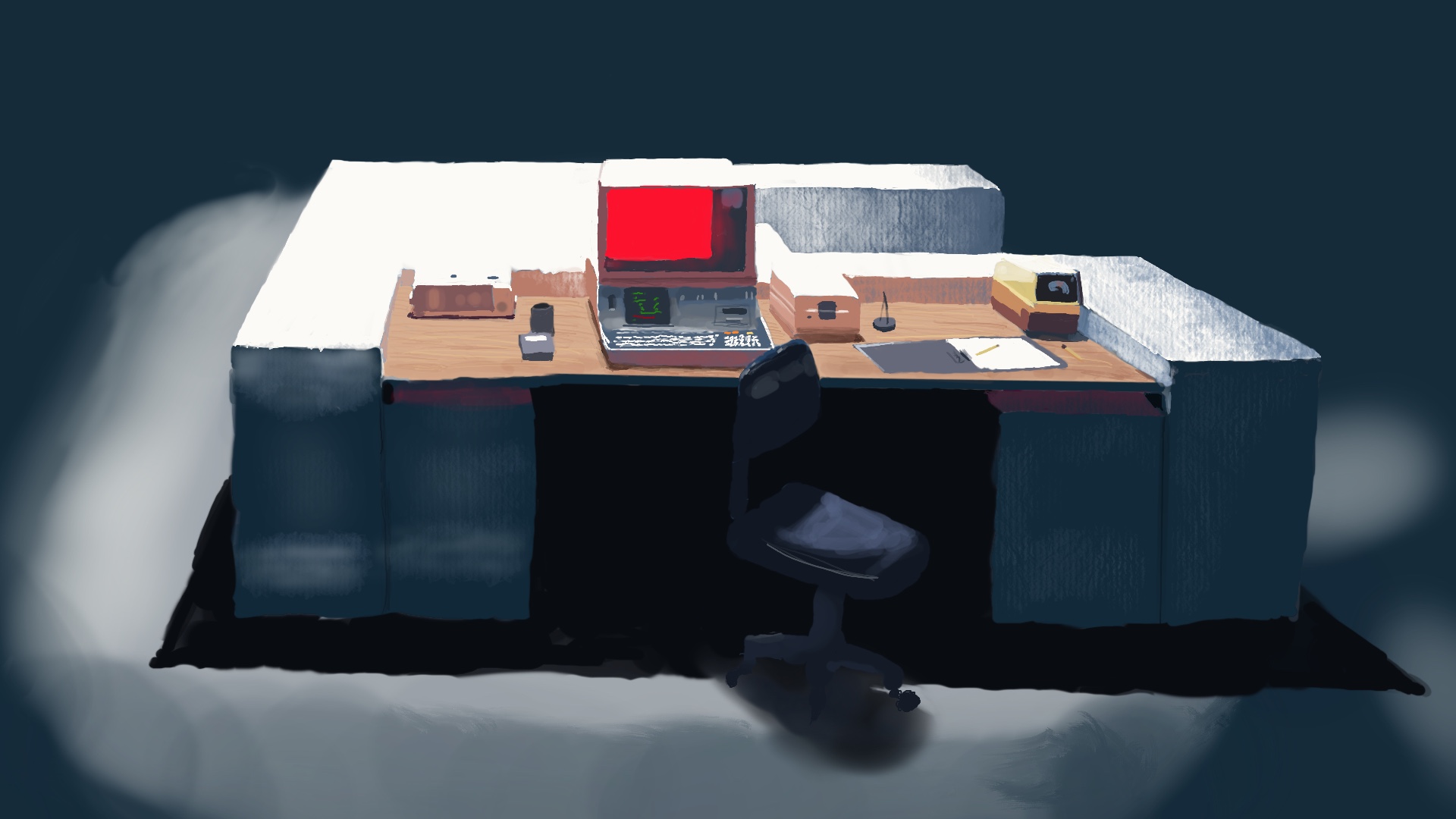 A blocky desk with harsh light from straight above. Most of the desk appears made of concrete, but the work surface is wood. A 1990-era computer has a screen filled with foreboding red.