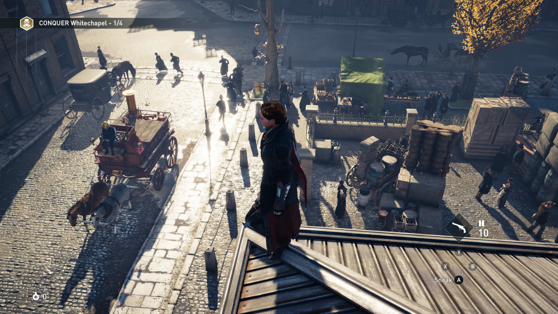 Assassin's Creed screenshot; Evie looking down from a roof toward a puddle-covered road shining in the sun. Police chase a couple for some reason.