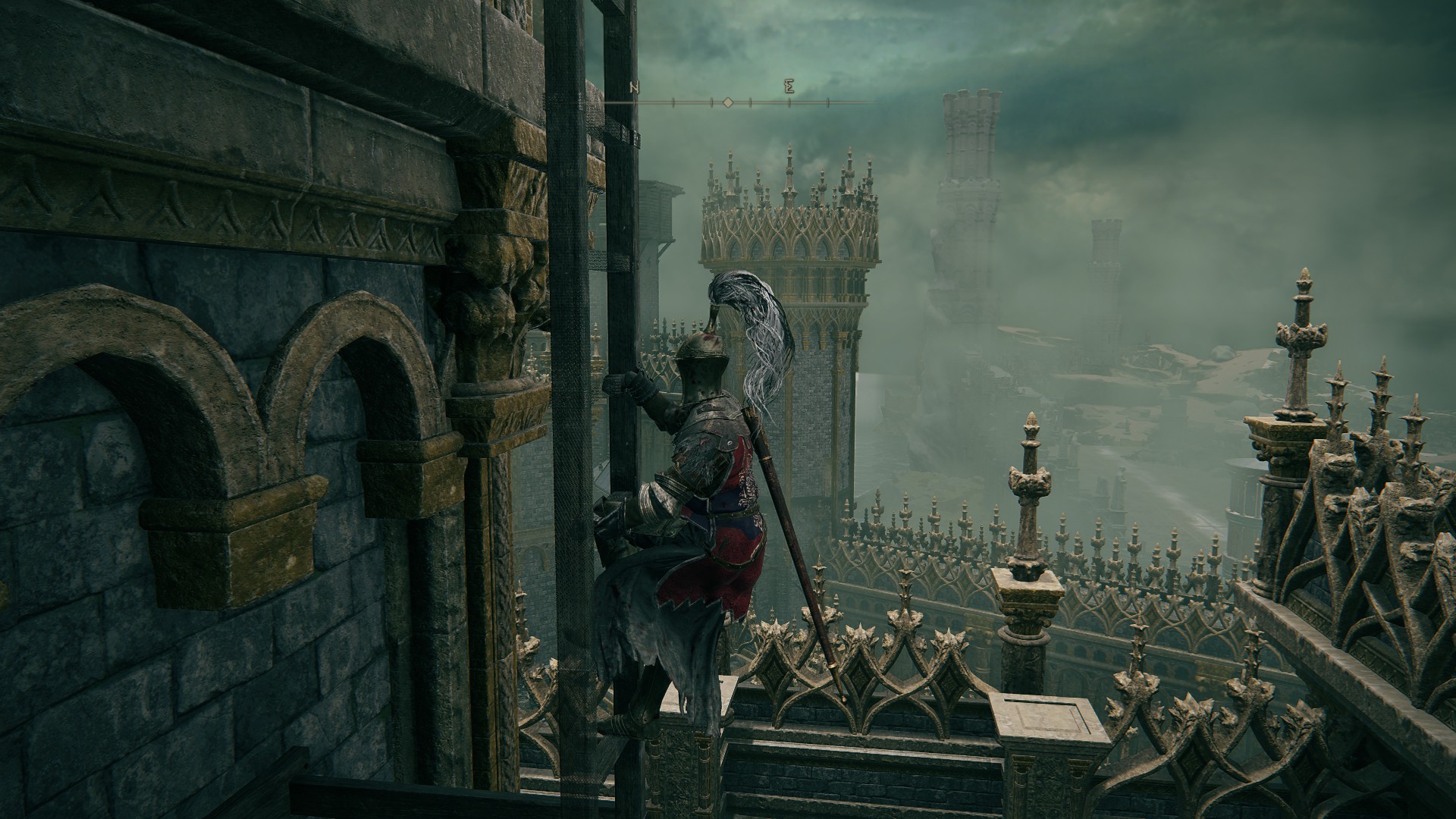 A knight climbs a ladder on the side of a tower. Ornate ramparts stretch off into the smoke.