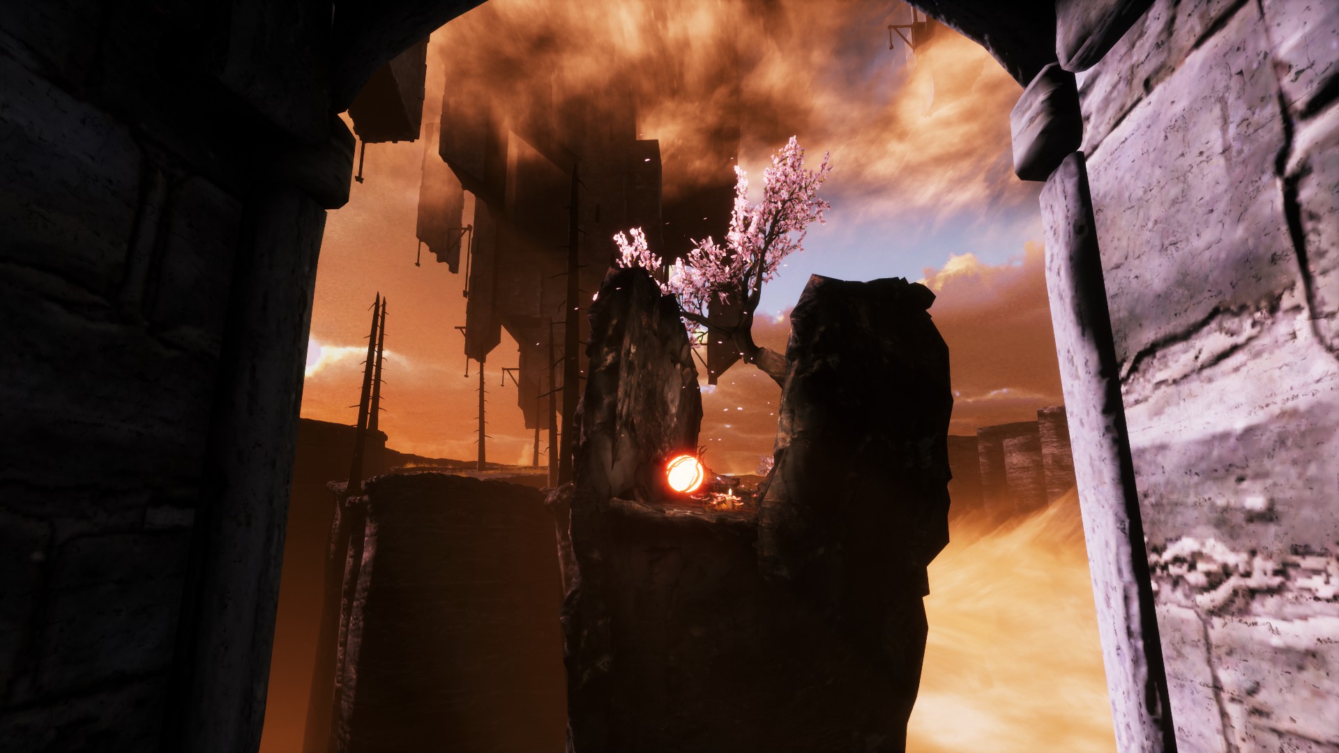 An arch frames some craggy blocks topped by a pink-blossoming tree. A glowing orb sits on the crag. In the background, swirling clouds above and below, and an upside-down castle.