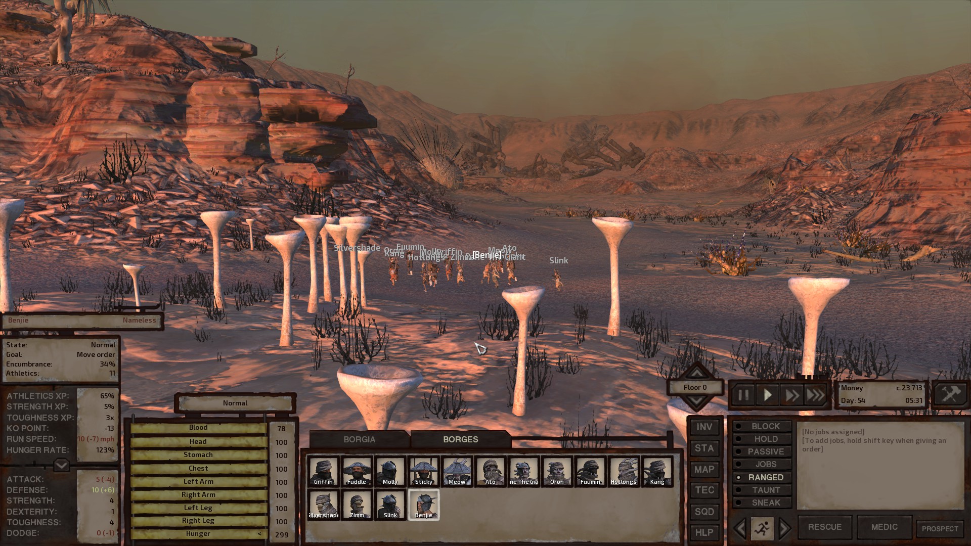 A desert canyon. In the foreground, 4-5 metre mushrooms. In the middle distance, a small group of people on the desert floor with names over their heads. In the distance, twisted rusted metal and rising canyon walls. In front of everything, a wildly overcomplicated user interface.
