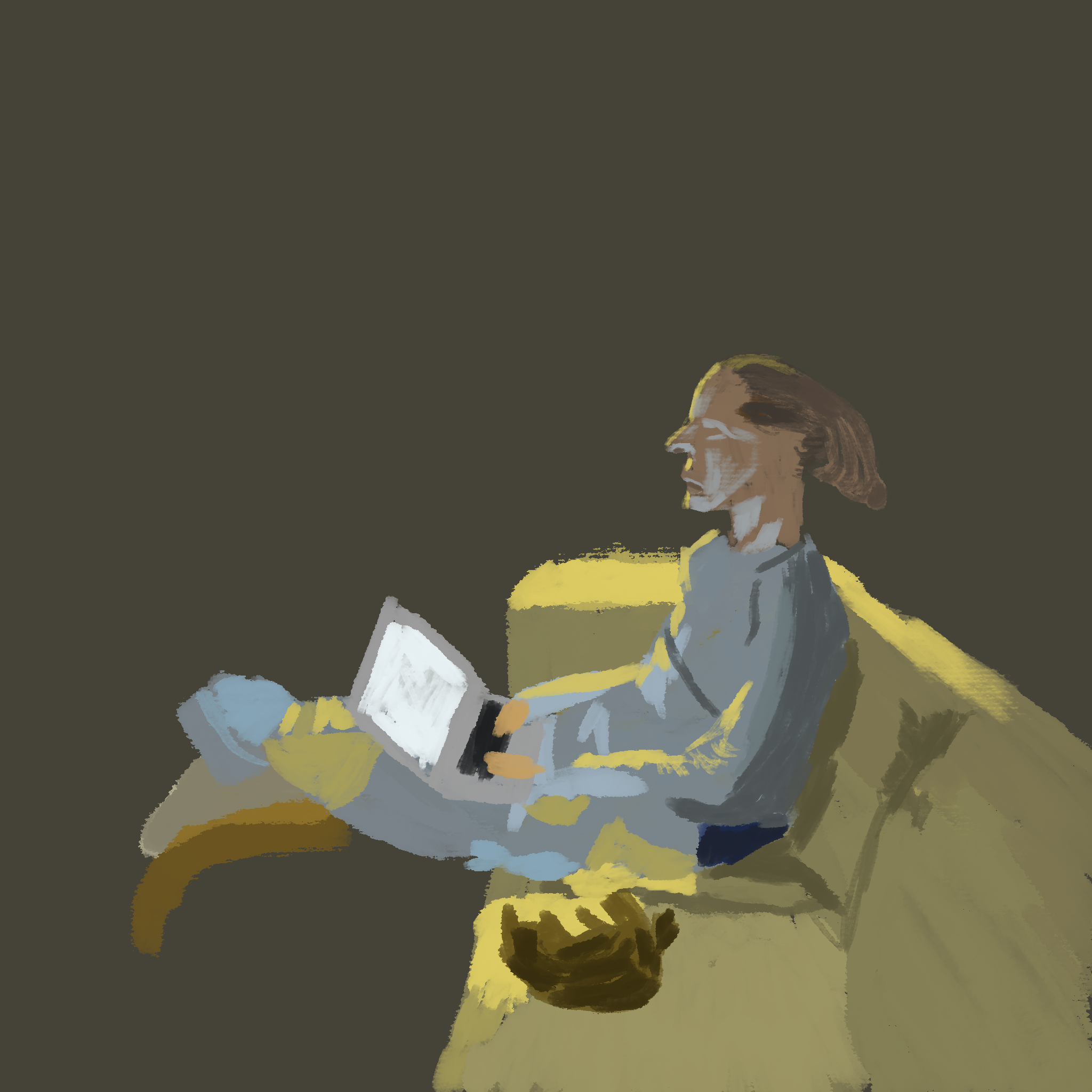 A figure sitting on a couch with a laptop. She is lit by the laptop and by a lamp that isn't part of the painting. There is a suggestion of a footstool beside and a cat sleeping by it.