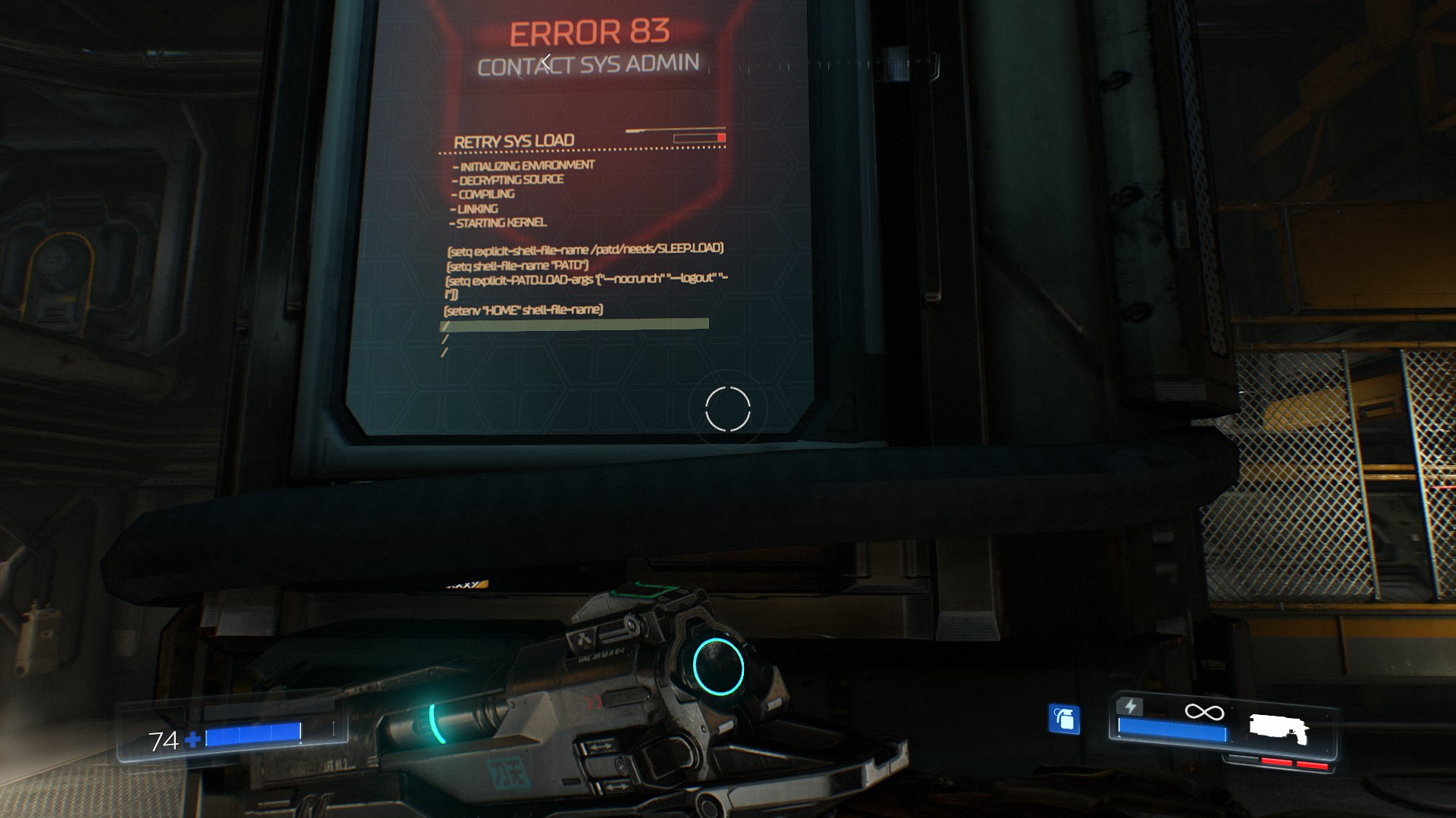 Doom 2016 screen showing an in-game screen with a config file that shows that the evil corporation uses scsh, or some other Lisp shell.