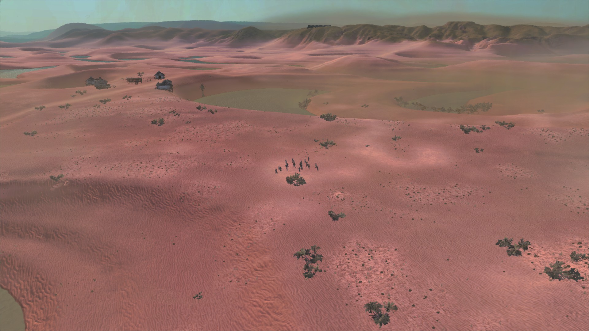 A vast pink desert with an oasis in the distance and mountains beyond that. A small tribe of people runs toward a small cluster of houses by the oasis.