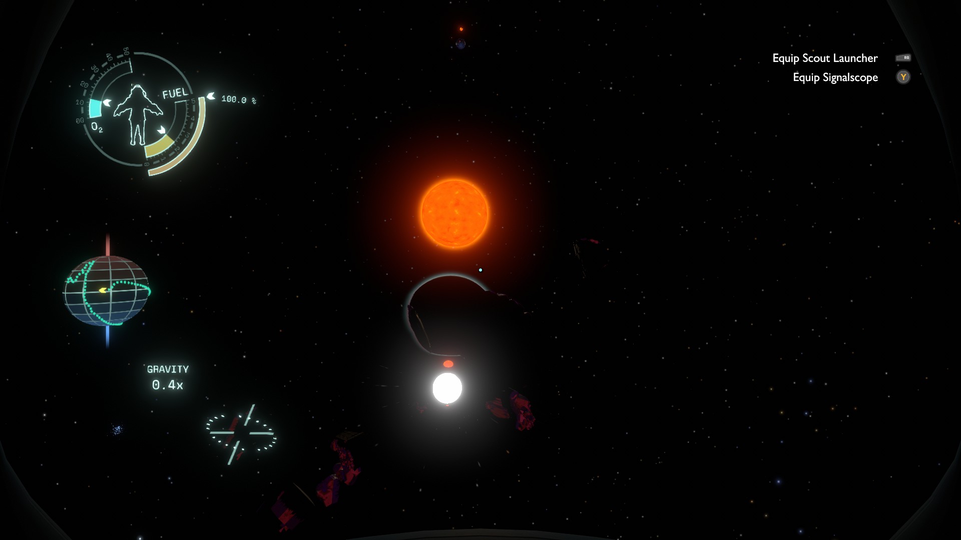 An orange sun in the blackness of space is reflected in an odd way at the bottom of the screen. A UI shows location and orientation on a planet, and oxygen and fuel remaining.