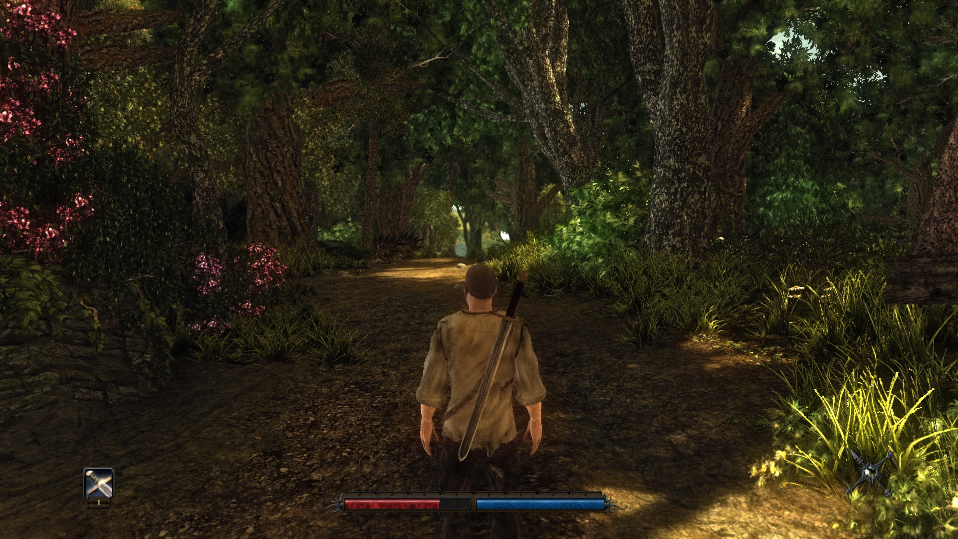 A scruffy man stares down a wide path leading through an abundant forest. The man's clothing is ragged and contrasts with the hyperreal green and pink of the leaves.
