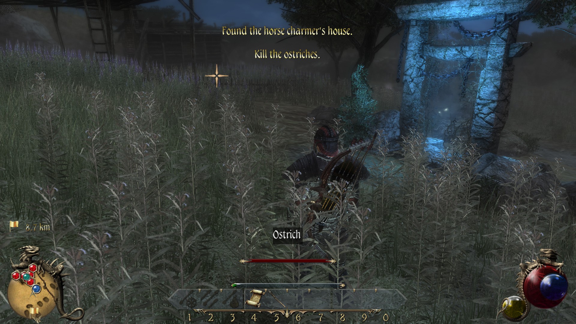 A man labelled "Ostrich" is chest-deep in weeds, looking at a cross hair in the darkness. A glowing blue gate is to his right, and the words "Found the horse charmer's house" and "Kill the ostriches" are on screen.
