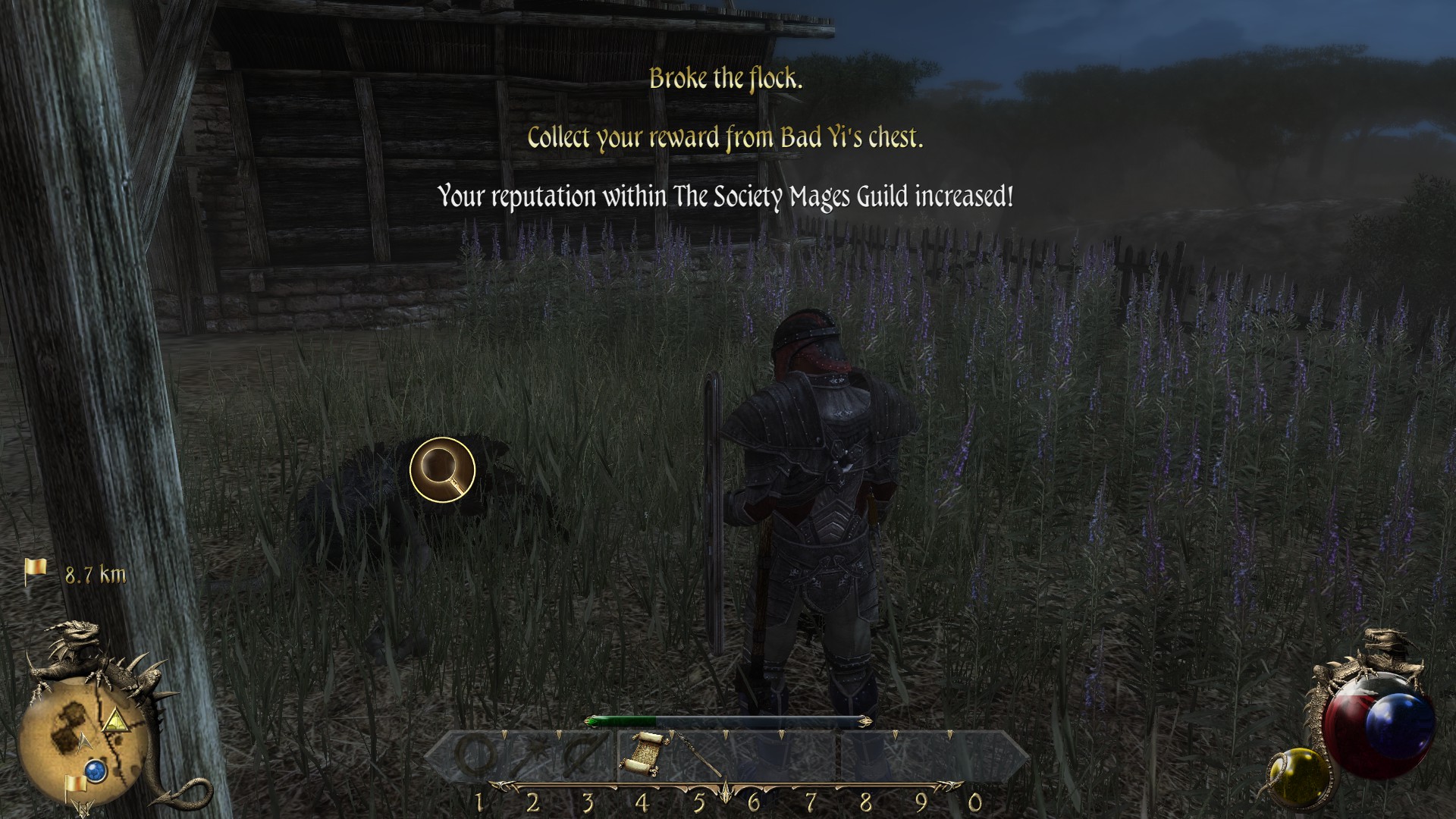 The man is now facing the dark field of weeds, a black lump nearby with a magnifying glass superimposed. Text on the screen reads "Broke the flock.", "Collect your reward from Bad Yi's chest." and "Your reputation within the Society Mage's guild increased!"